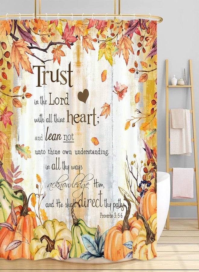 NYMB Fall Pumpkin Shower Curtain, Autumn Thanksgiving Harvest Pumpkins Inspirational Quotes Trust in The Lord Rustic Wooden Board Farmhouse Bathroom Curtain, Thanksgiving Bathroom Accessories, 72X72in - Image 1