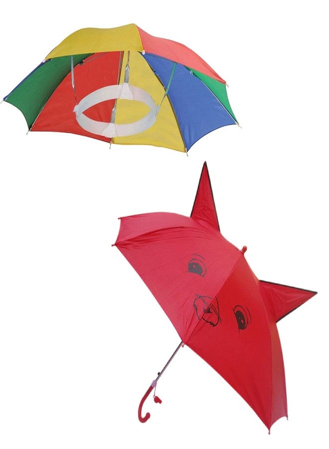 RAINPOPSON Hat & Ear Combo Kids Umbrella For Girls Stylish Boys Multicolor Hat Umbrella for Women & Men and Red Umbrella for Kids (Pack of 2) - Image 1