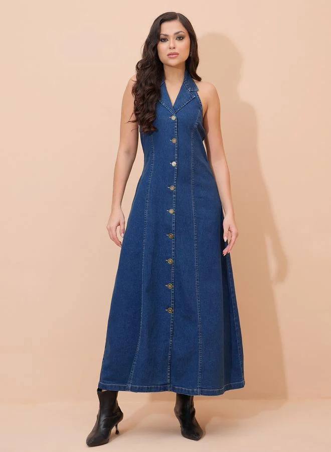 SASSAFRAS Blue Denim Button Down Halter Neck Maxi Dress