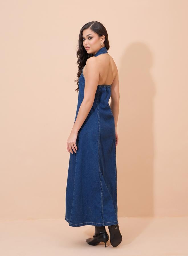 SASSAFRAS Blue Denim Button Down Halter Neck Maxi Dress - Image 3