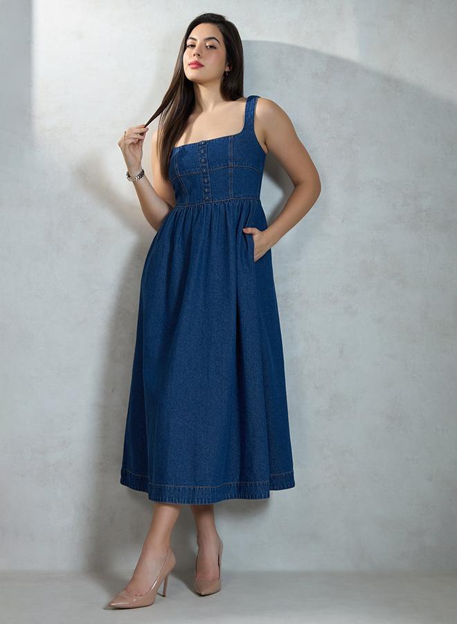 VIRGIO 100% Cotton Denim Flared Midi Dress - Image 1
