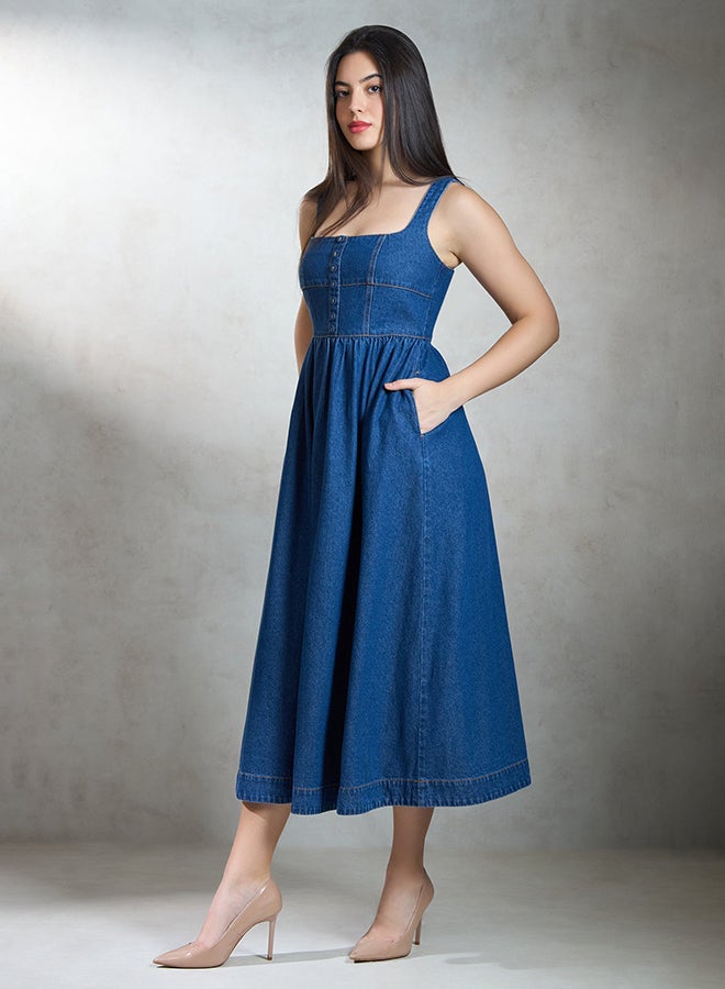 VIRGIO 100% Cotton Denim Flared Midi Dress - Image 3