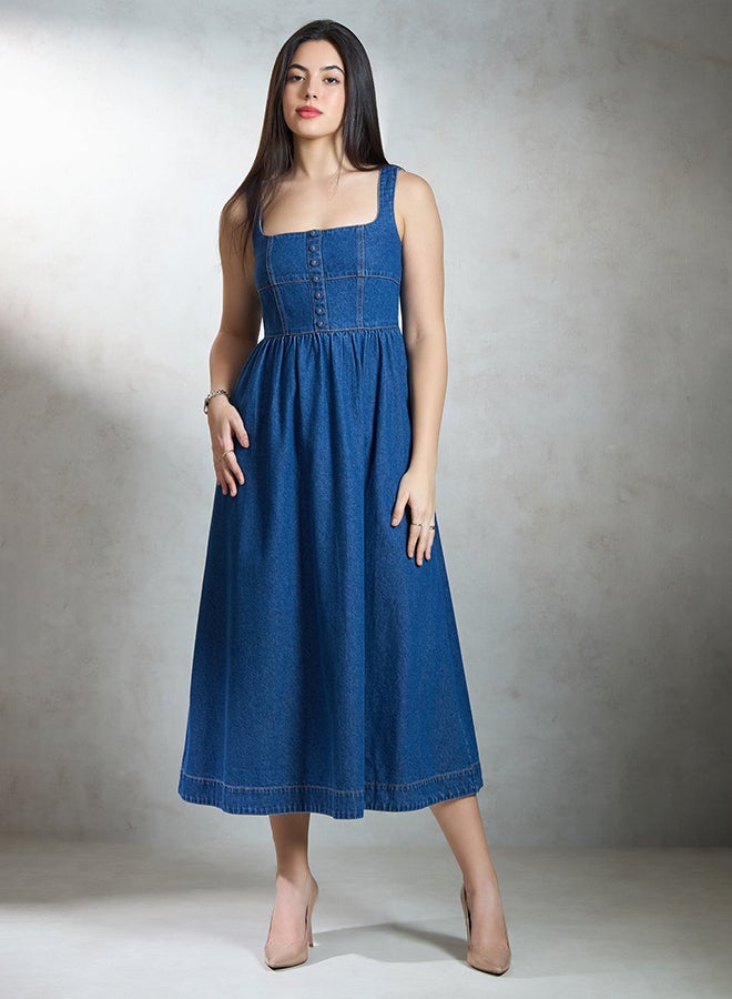 VIRGIO 100% Cotton Denim Flared Midi Dress - Image 2