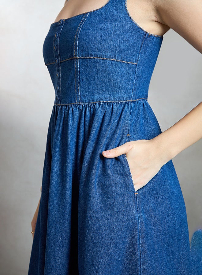 VIRGIO 100% Cotton Denim Flared Midi Dress - Image 5