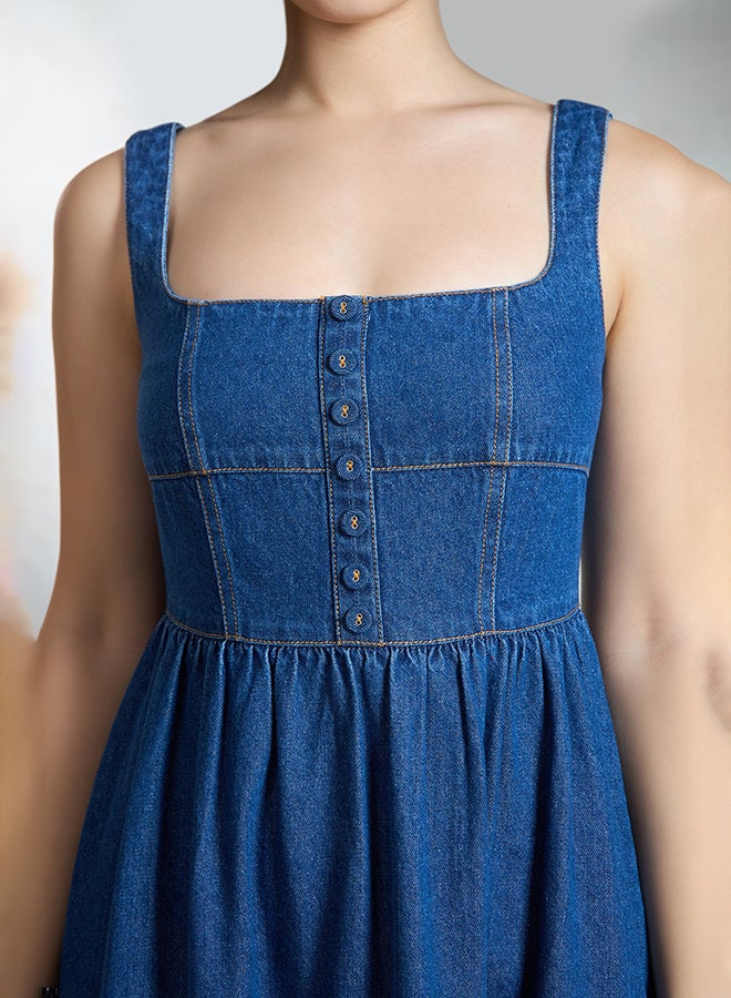 VIRGIO 100% Cotton Denim Flared Midi Dress - Image 4