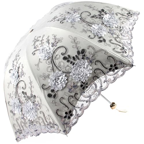 ShaqMars lace parasol umbrella Folding Anti-uv Sunshade Vintage Embroidered Sun Protection (GRY) - Image 1