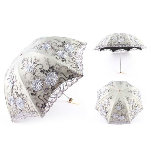 ShaqMars lace parasol umbrella Folding Anti-uv Sunshade Vintage Embroidered Sun Protection (GRY) - Image 3