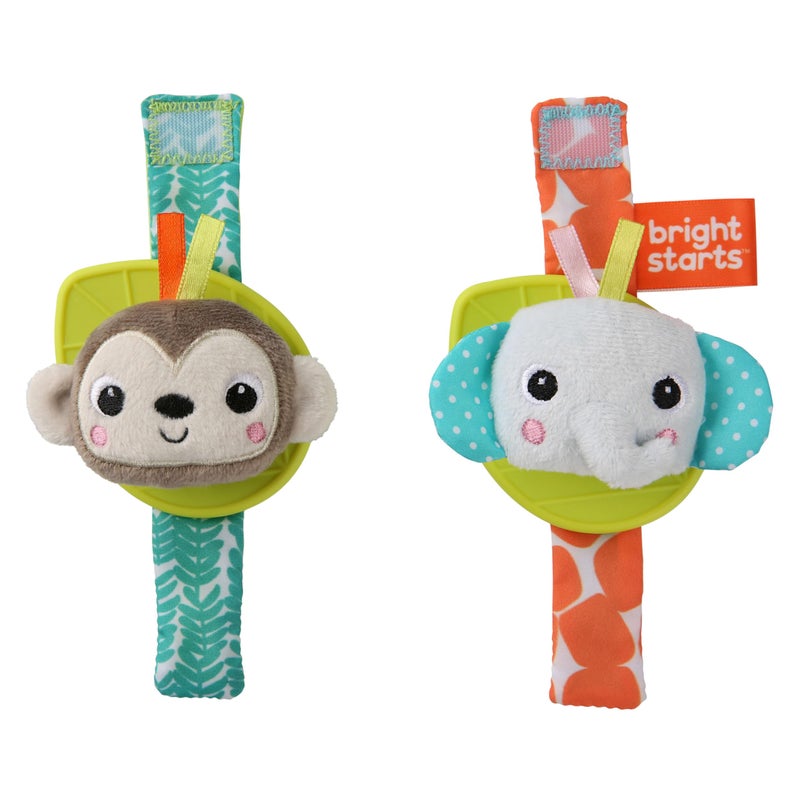 Bright Starts Bright Starts Rattle & Teethe BPA-free Baby Wrist Pals Toy - Monkey & Elephant, Newborn+ - Image 1