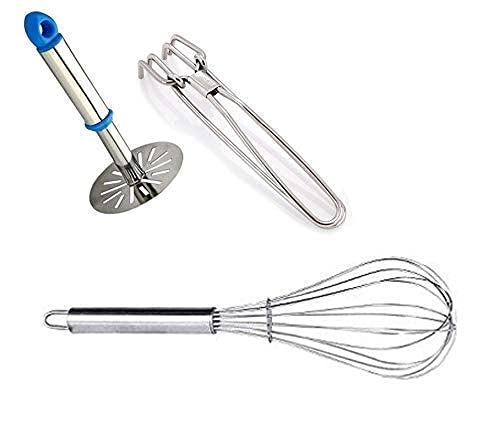 JGS Stainless Steel Wire Pakkad SansiPincer and Masher Pack of 3 Kitchen Accessories for Cooking Pack of 3 Stainless Steel Kitchen Cutlery for Home Silver Finish - Image 1