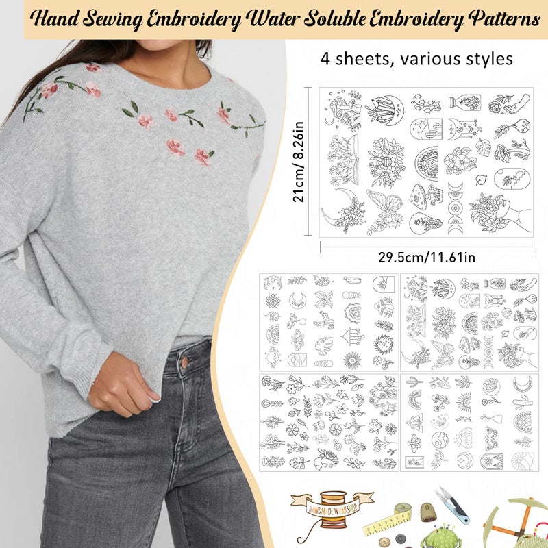 CRASHOT Water Soluble Stabilizer Embroidery Paper - Stick and Stitch Embroidery Paper Wash Away, 4 Sheet PCS Embroidery Pattern, Boho Butterfly Flower Sun Moon Designs, Hand Sewing Crafts - Image 2