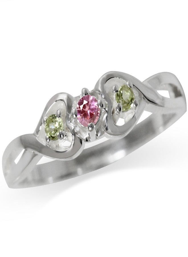 Silvershake Petite Natural Pink Tourmaline and Peridot 925 Sterling Silver Twin Heart Ring Size 5.5 - Image 1