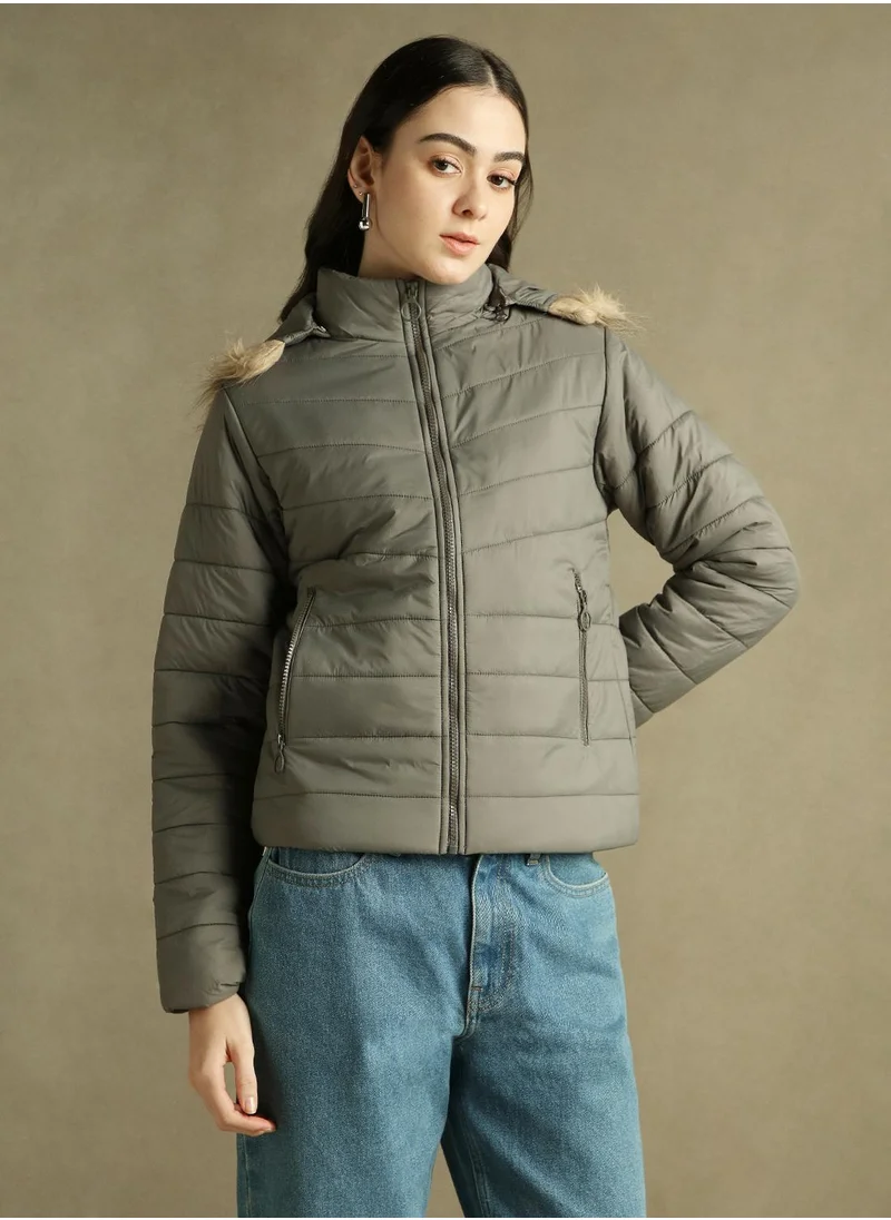 Dennis Lingo Women's Grey 100% Polyester Solid Regular Fit Jacket
