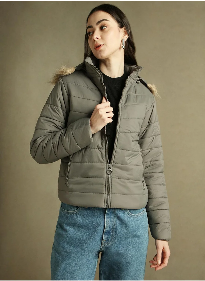 Dennis Lingo Women's Grey 100% Polyester Solid Regular Fit Jacket