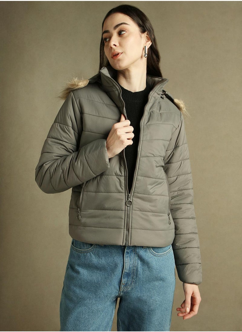 Dennis Lingo Women's Grey 100% Polyester Solid Regular Fit Jacket  - Image 1