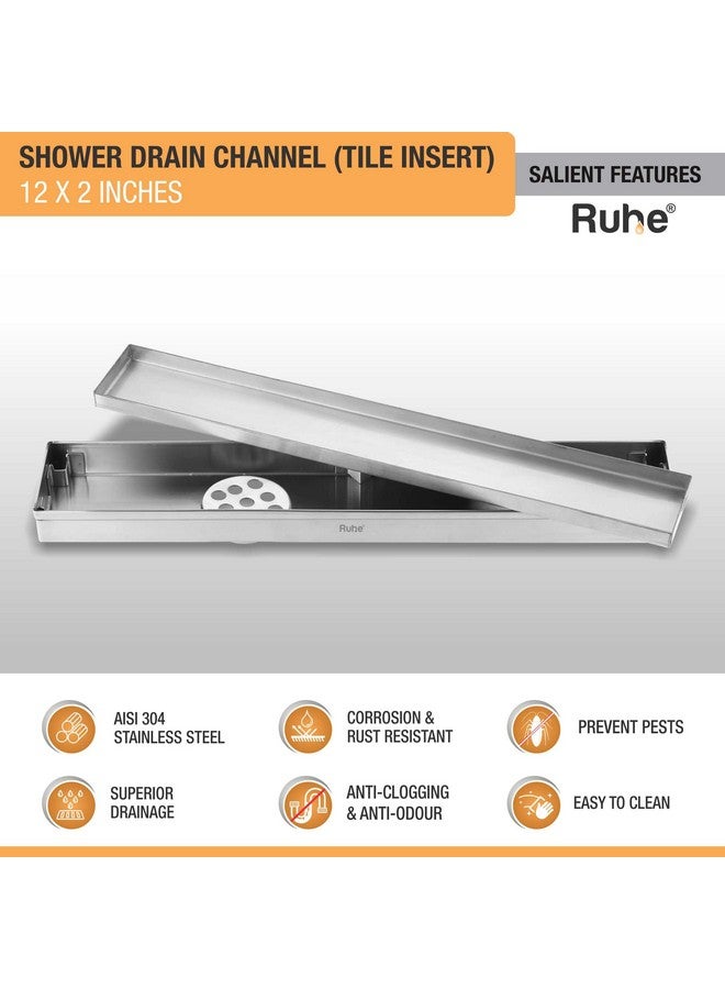 RUHE مصرف أرضي مدمج من Ruhe® | 12 × 2 بوصة لمياه الصرف الصحي لمصارف البلاط بسمك 13 مم | قناة مصرف دش غير مرئية من الفولاذ المقاوم للصدأ 304 مع فخ/جالي - Image 3