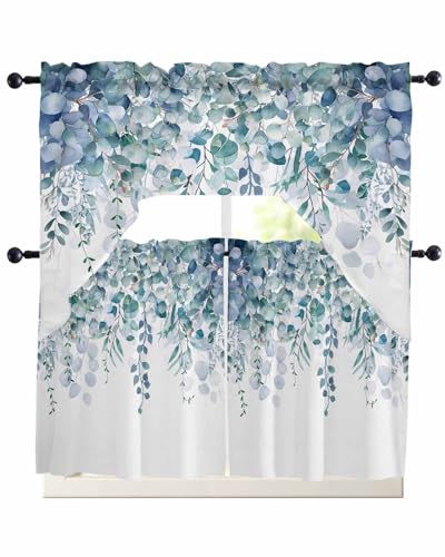 Onekaccu Spring Eucalyptus Leaves Swag Curtains Valance and Tier Set Blue Floral Rod Pocket Curtain Drapes for Bedroom Bathroom Over Sink Kitchen Curtains 3 Piece Set Botanical Swag Valances and Tiers 24 - Image 1