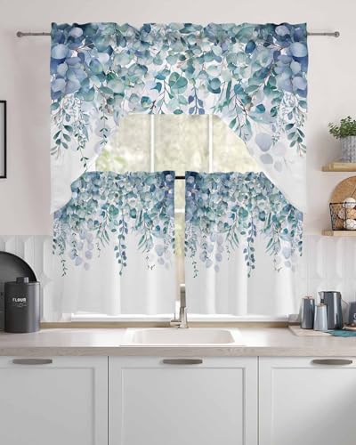 Onekaccu Spring Eucalyptus Leaves Swag Curtains Valance and Tier Set Blue Floral Rod Pocket Curtain Drapes for Bedroom Bathroom Over Sink Kitchen Curtains 3 Piece Set Botanical Swag Valances and Tiers 24 - Image 3