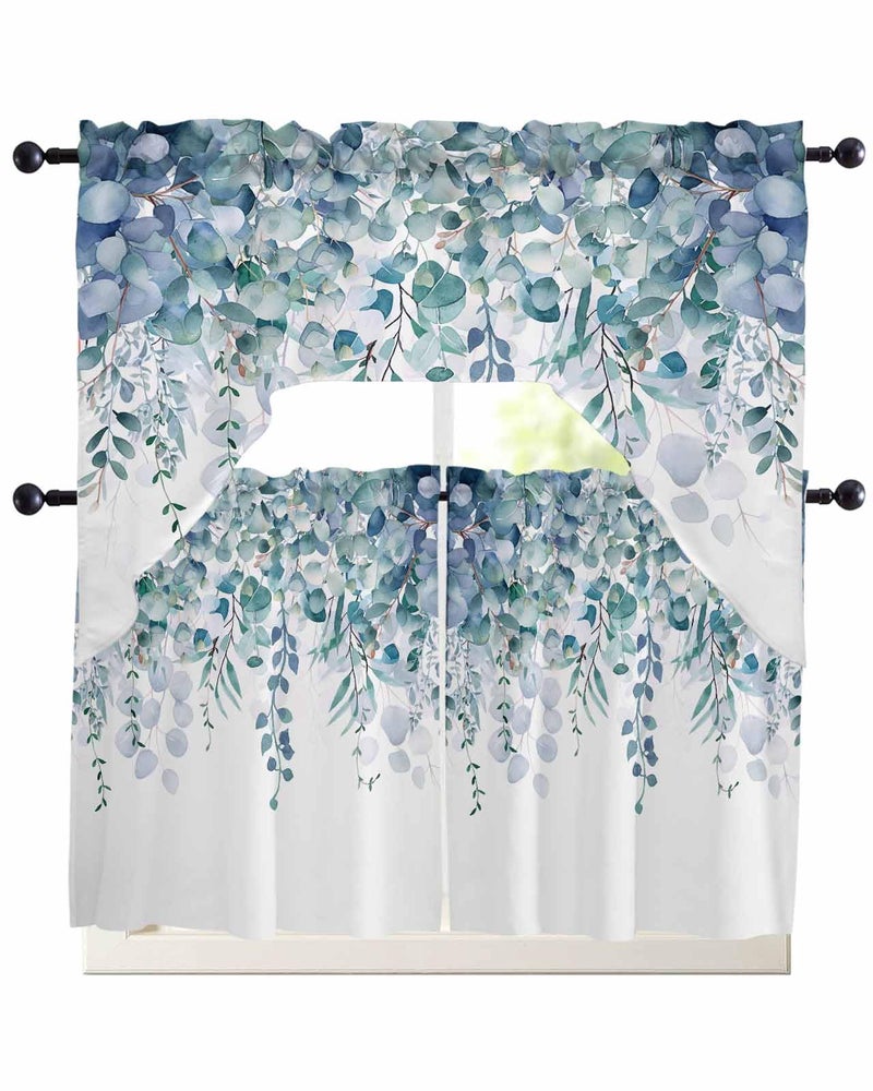 Onekaccu Spring Eucalyptus Leaves Swag Curtains Valance and Tier Set Blue Floral Rod Pocket Curtain Drapes for Bedroom Bathroom Over Sink Kitchen Curtains 3 Piece Set Botanical Swag Valances and Tiers 24 - Image 2
