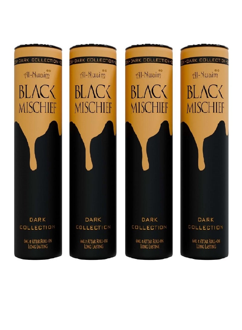 Al-Nuaim Barrel Series Black Mischief Attar Roll On for Men & Women - Pack of 4 (6ml Each) | Alcohol Free Fragrance