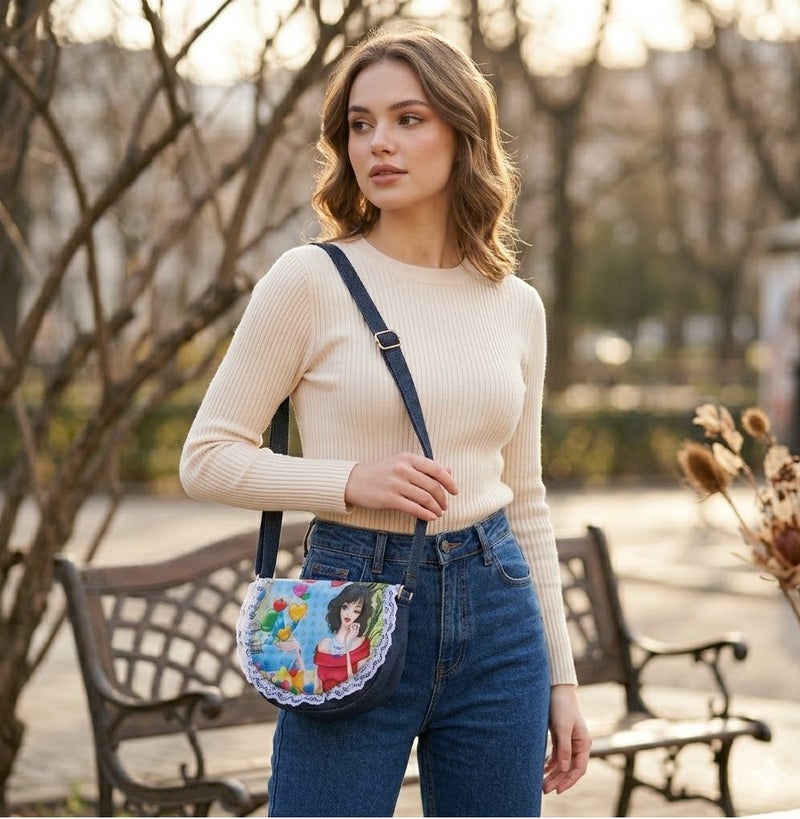 Elegant Crossbody Bag with Artistic Detailing and Lace Trim - Unique Design - Multicolor - Image 2