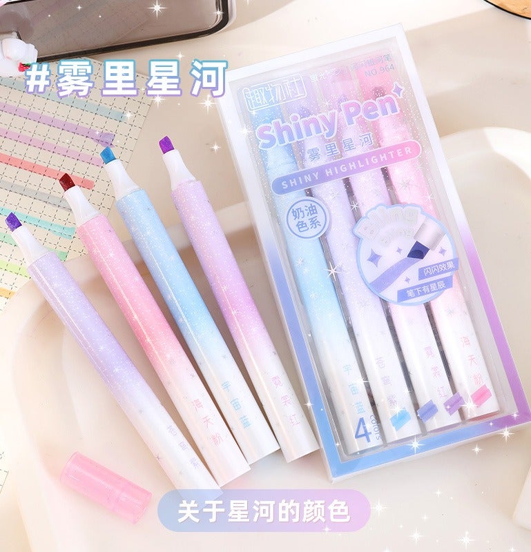 Shiny Highlighter Pens Set With Glitter Effect Multicolour Starry River Edition 4-Piece Purple ColorsNO.964 - Image 1