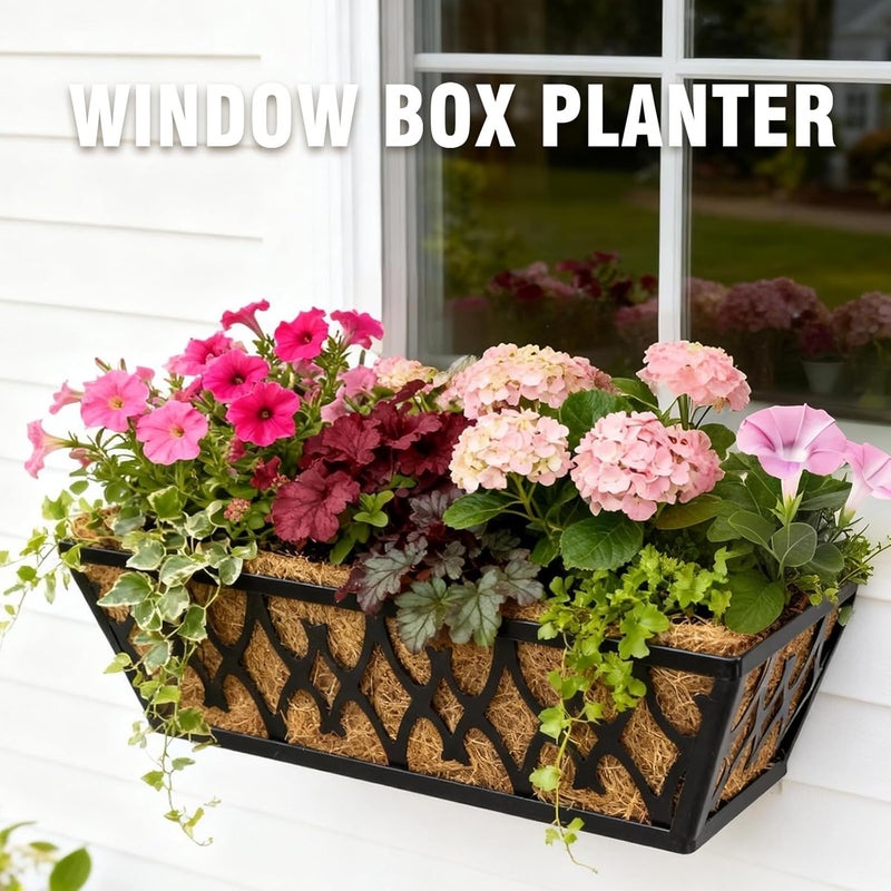 Karlliu 2 Pack 16 Inch Window Boxes Planters Railing Planter Box with Adjustable Brackets for Porch Fence Patio Balcony Hanging Flower Baskets with Coco Liners for Outdoor Garden Decor - Black - Image 2