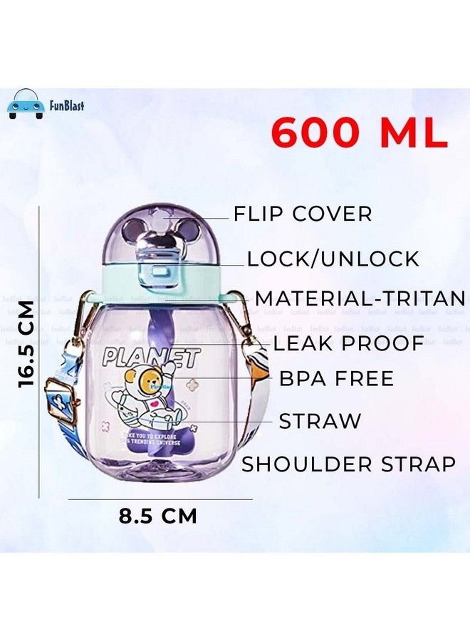 FunBlast School Sipper Water Bottle For Kids Tritan Water Bottle With Straw And Adjustable Strap For Kids Cute Cartoon Themed Water Bottle For Boys And Girls (600 Ml) (Purple) - Image 4
