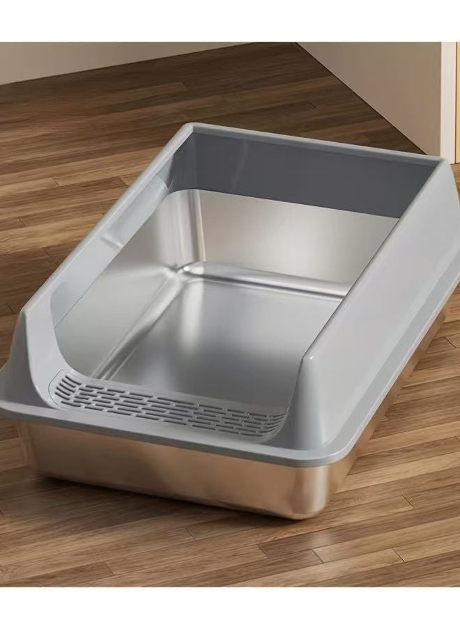 Grey Rust Resistant Stainless Steel Cat Litter Box Large Non Slip Base - Image 1