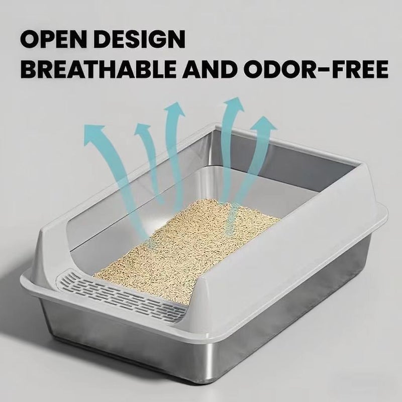 Grey Rust Resistant Stainless Steel Cat Litter Box Large Non Slip Base - Image 5