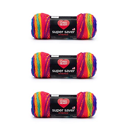 Red Heart Super Saver Yarn, 3 Pack, Favorite Stripe 3 Count - Image 1