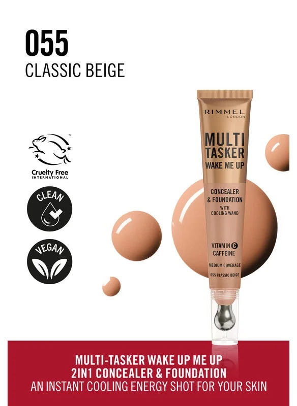 RIMMEL LONDON Multi-Tasker Wake Me Up Concealer & Foundation - 55 - Classic Beige, 20ml