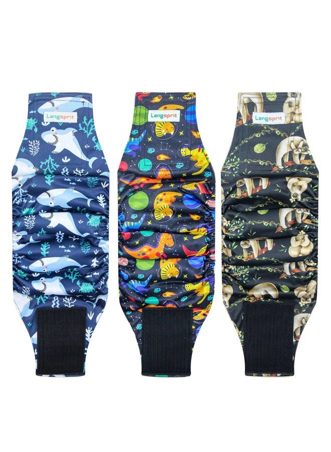 Langsprit Male Belly Bands for Dogs (Pack of 3) - High Absorbing Washable Dog Wraps - Reusable Diapers (Sloth, Whale, Dinosaur, Medium) - Image 1