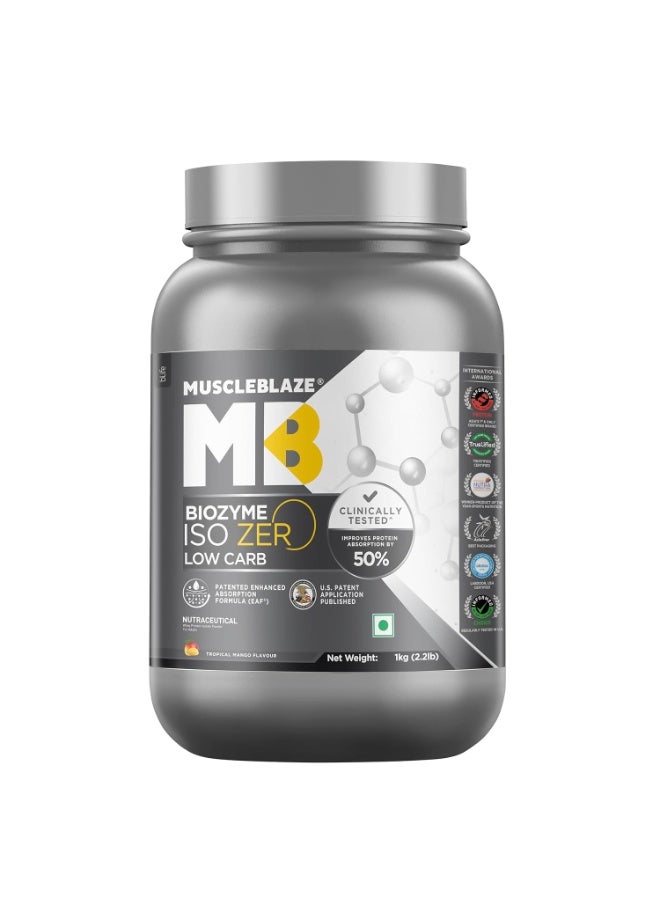مسل بلايز MuscleBlaze Biozyme Iso-Zero، مسحوق بروتين مصل اللبن المعزول (Whey Isolate) قليل الكربوهيدرات بنكهة المانجو الاستوائية (1 كجم / 2.2 رطل) | 27 جم من بروتين مصل اللبن المعزول في كل مكيال | تركيبة معززة للامتصاص (EAF) حاصلة على براءة اختراع مسجلة في الولايات المتحدة الأمريكية - Image 1