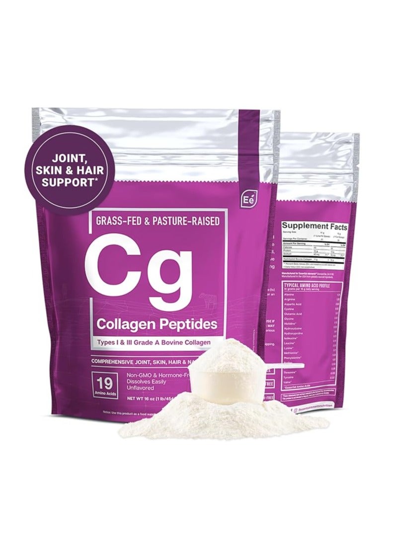 Essential Elements Hydrolyzed Collagen Peptides Powder Supplement for Joint, Skin, Hair, & Nail Support Types 16 oz