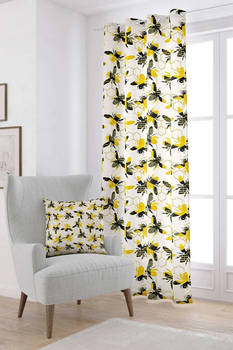 Cango Home Yellow Black Bee Honeycomb Patterned Digital Printed Curtain CGH1194-PR