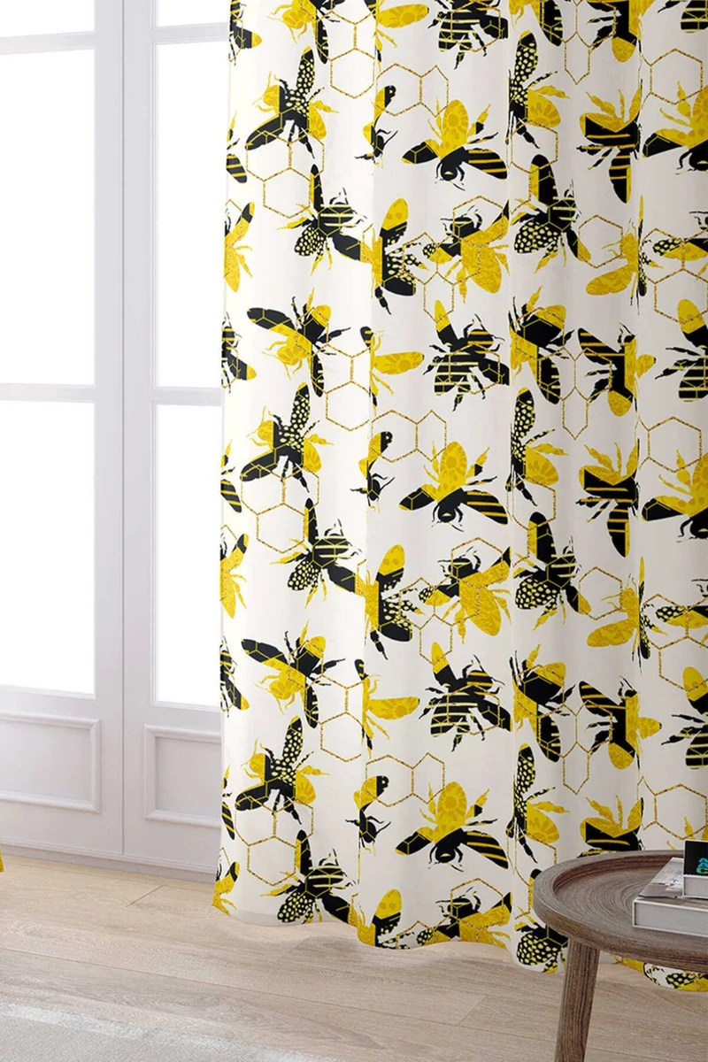Cango Home Yellow Black Bee Honeycomb Patterned Digital Printed Curtain CGH1194-PR