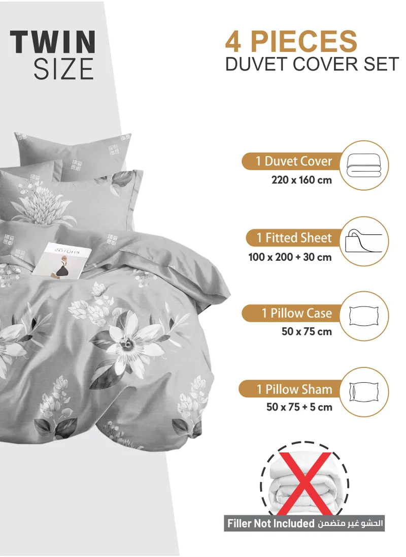 Donetella Duvet Cover Set 4-Pcs Single Size Printed Bed Set With 1 Duvet Cover(160 x 220 CM) 1 Fitted Sheet 1 Pillow Sham And 1 Pillow Case (Without Filler),Pastel Grey