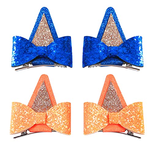 Fancheer 2 Pairs Dog Ears Hair Bow Clips for Toddler Kids Glitter Bows Halloween Costume Accessories Animal Cosplay Birthday Party Supplies Blue Orange - Image 1