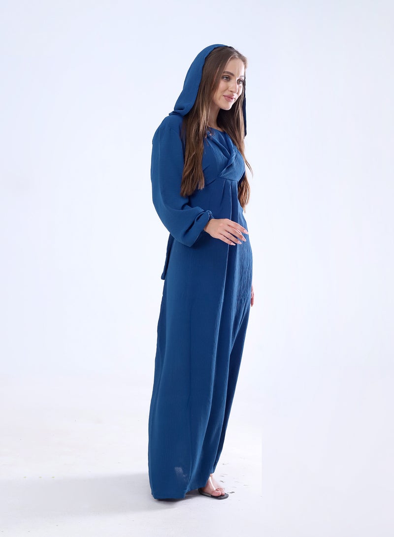 BEBO Plain long dress with hood and belt, free size, fits from 60 to 85 kg approximately_Petroleum  - Image 3