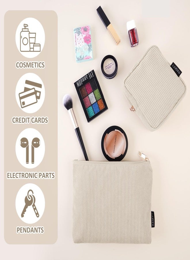 MAGEFY Small Makeup Bag, 2 Pcs Corduroy Makeup Bag for Purse Make Up Organizer Bag Mini Pouch with Slip-in Pockets Aesthetic Preppy Stuff - Beige - Image 3