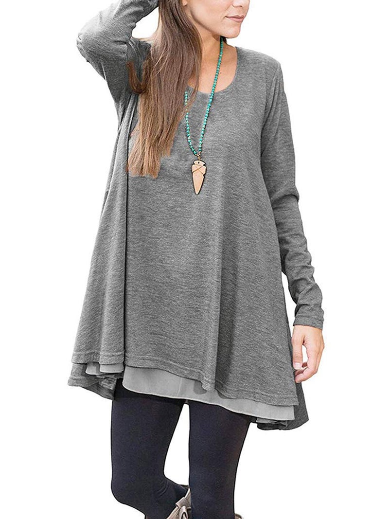 Poetsky Tunic Tops For Leggings For Women Long Sleeve Dressy Tops Chiffon Hemline Blouses (S, Grey) - Image 1