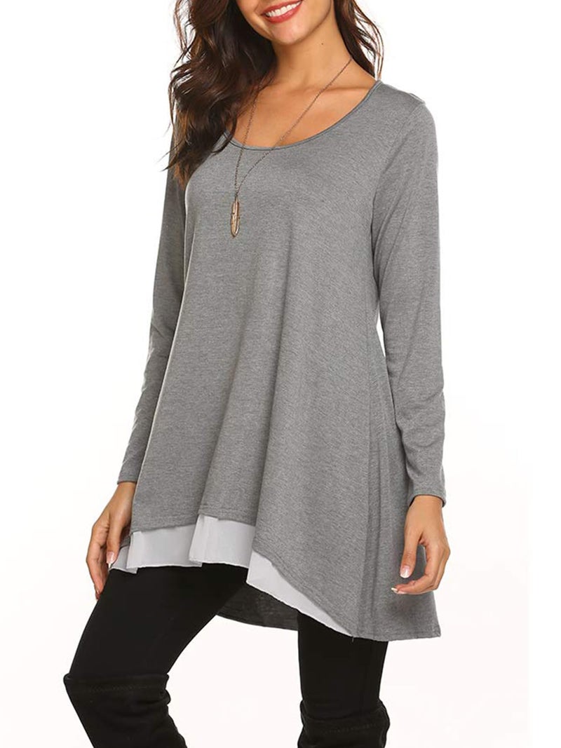 Poetsky Tunic Tops For Leggings For Women Long Sleeve Dressy Tops Chiffon Hemline Blouses (S, Grey) - Image 5
