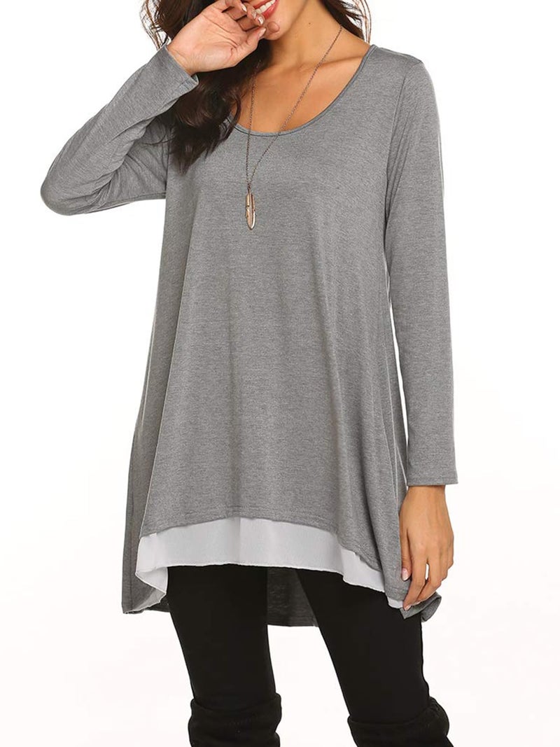 Poetsky Tunic Tops For Leggings For Women Long Sleeve Dressy Tops Chiffon Hemline Blouses (S, Grey) - Image 2