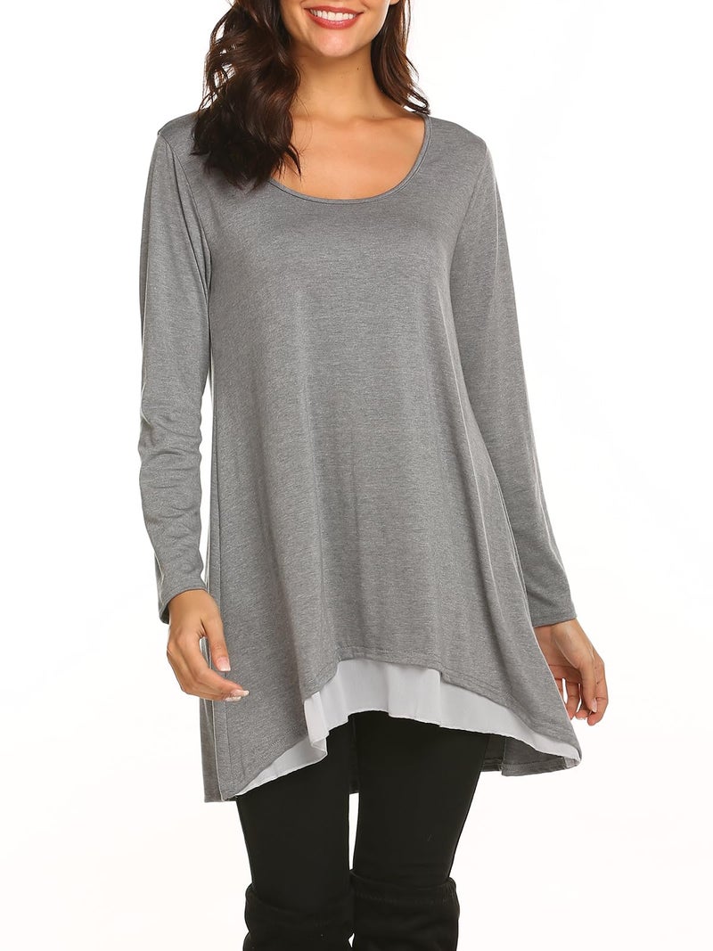 Poetsky Tunic Tops For Leggings For Women Long Sleeve Dressy Tops Chiffon Hemline Blouses (S, Grey) - Image 4