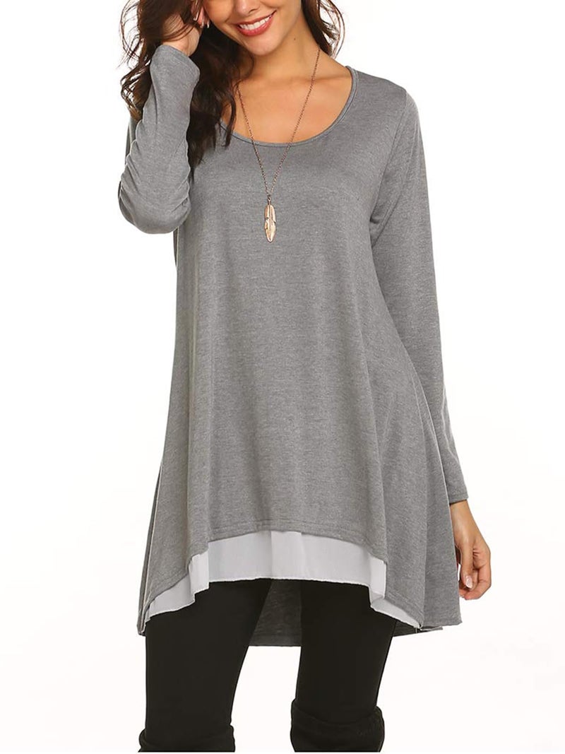 Poetsky Tunic Tops For Leggings For Women Long Sleeve Dressy Tops Chiffon Hemline Blouses (S, Grey) - Image 3