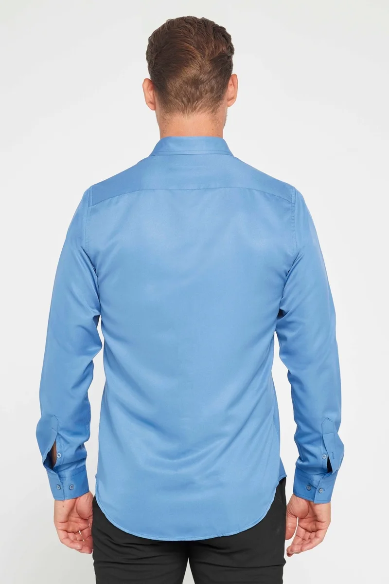 تودورس Slim Fit Long Sleeve Easy Iron Sweat Absorbing Breathable Texture Tie Holder Four Seasons Indigo Men's Shirt