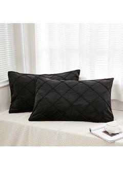 AMICA AMICA Luxurious Diamond Pinch Pleated Crystal Velvet Pillowcases Solid Pintuck Throw Cushion Cover for Home Decor Hidden Zipper Closure (Black, 17'' X 27'' Inch)  - Image 1