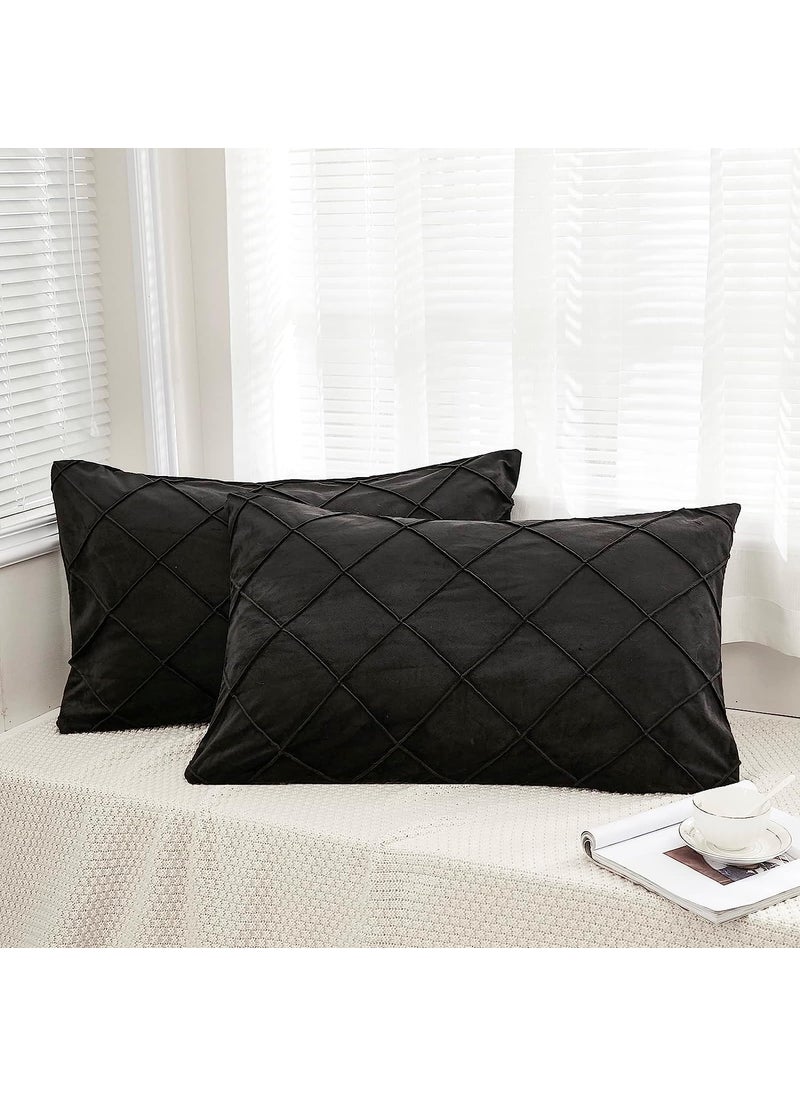 AMICA AMICA Luxurious Diamond Pinch Pleated Crystal Velvet Pillowcases Solid Pintuck Throw Cushion Cover for Home Decor Hidden Zipper Closure (Black, 17'' X 27'' Inch)  - Image 1