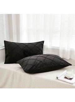 AMICA AMICA Luxurious Diamond Pinch Pleated Crystal Velvet Pillowcases Solid Pintuck Throw Cushion Cover for Home Decor Hidden Zipper Closure (Black, 17'' X 27'' Inch)  - Image 2