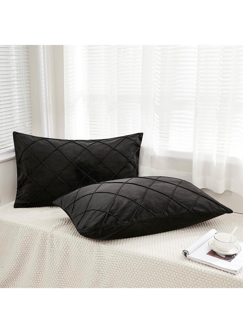 AMICA AMICA Luxurious Diamond Pinch Pleated Crystal Velvet Pillowcases Solid Pintuck Throw Cushion Cover for Home Decor Hidden Zipper Closure (Black, 17'' X 27'' Inch)  - Image 2